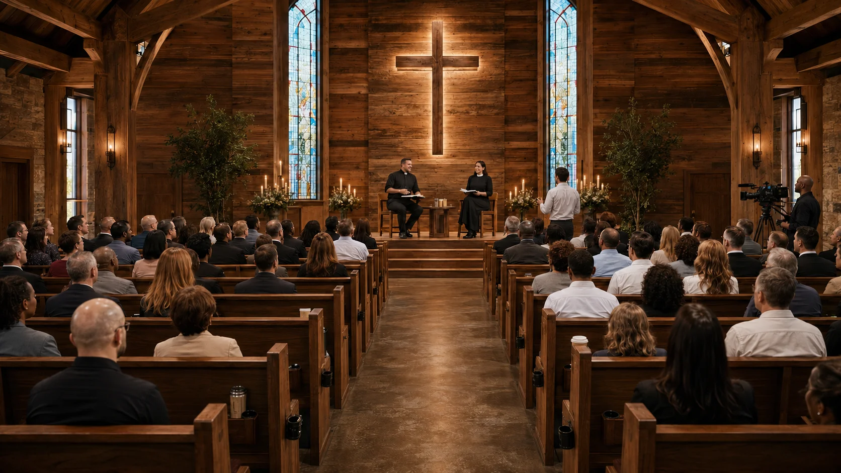 Prototype visualization of a future Jesus Uprising sanctuary with a congregation and two ministers